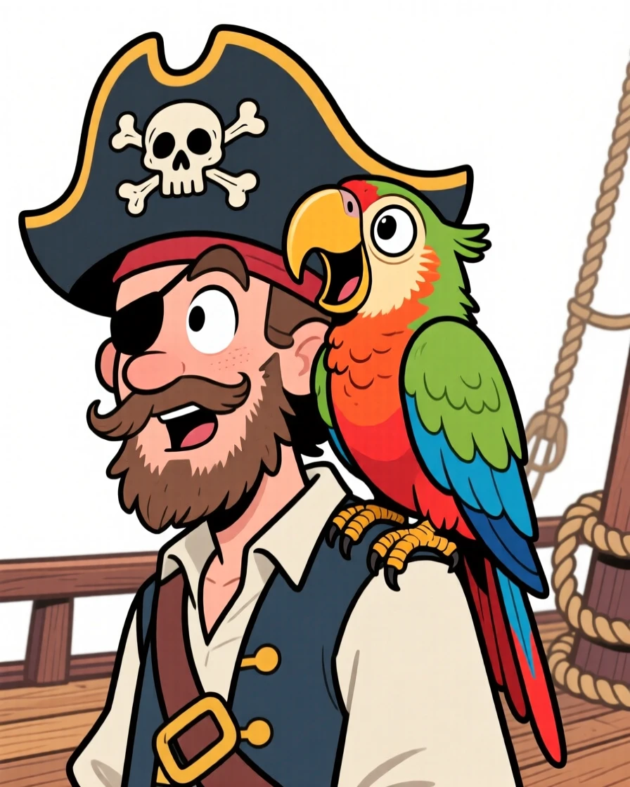 A playful pet moment featuring a mischievous parrot perched on a pirate's shoulder, tilting its head and squawking dramatically.