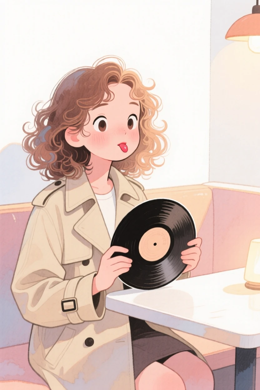 A teenage girl with voluminous natural curls, biting her lip shyly, wearing a classic trench coat and holding a vinyl record, in a softly lit café corner