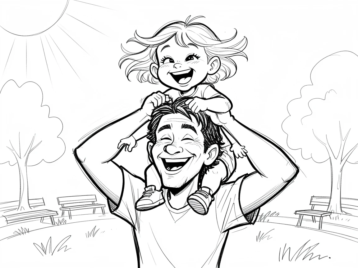 [Family & Relationship Moments] Heartwarming scene of a father lifting his giggling daughter onto his shoulders at a sunny park, radiating love and warmth