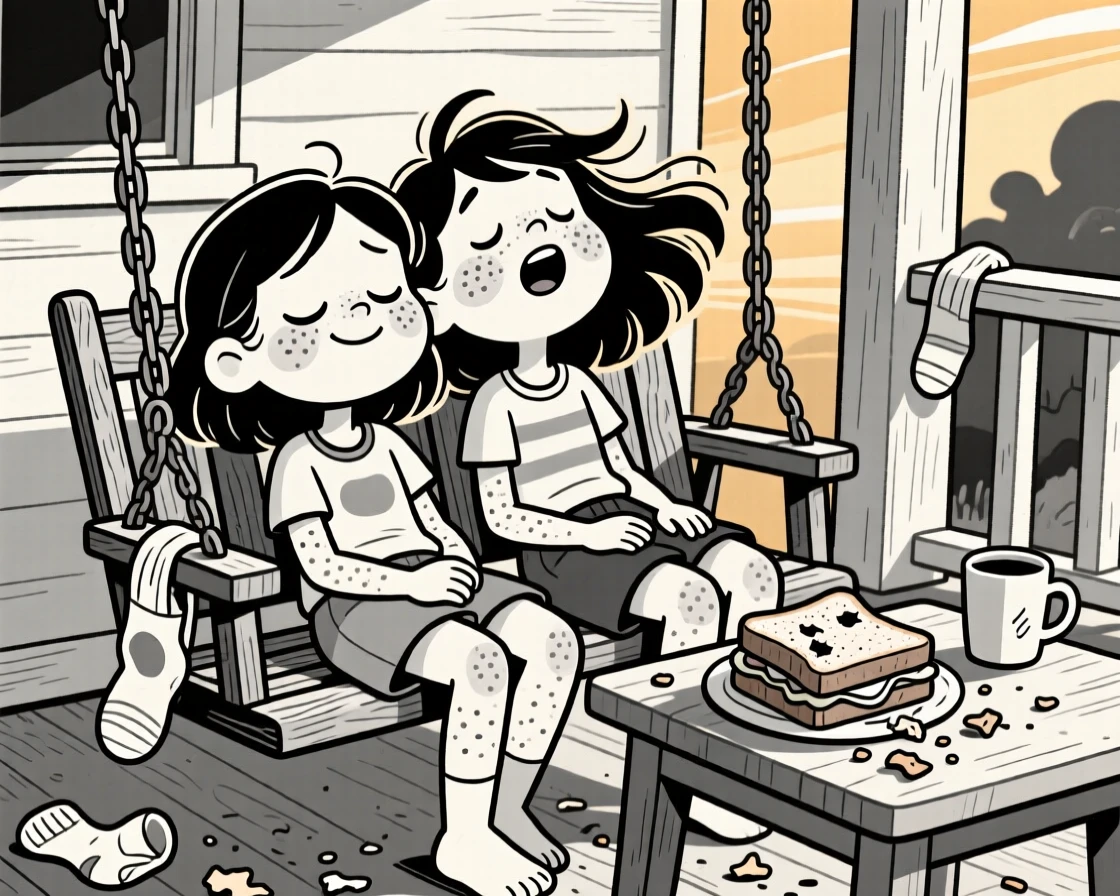 Two sisters with matching freckles, pretending to be asleep to avoid chores, set on a porch swing at golden hour. A half-eaten sandwich sits forgotten on the table. The image captures the joyful mess of home life.