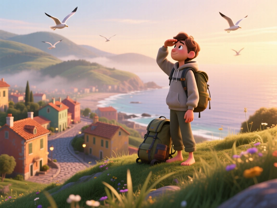 A solo hiker pausing to rest stands atop a hill overlooking a sprawling coastal town, sharing a quiet moment together. A warm sense of gratitude and wanderlust colors the moment, with a light mist clinging to the distant hills.