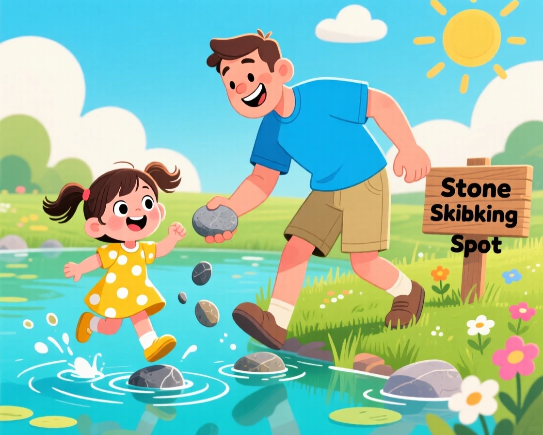 A dad teaching his daughter to skip stones across a pond.
