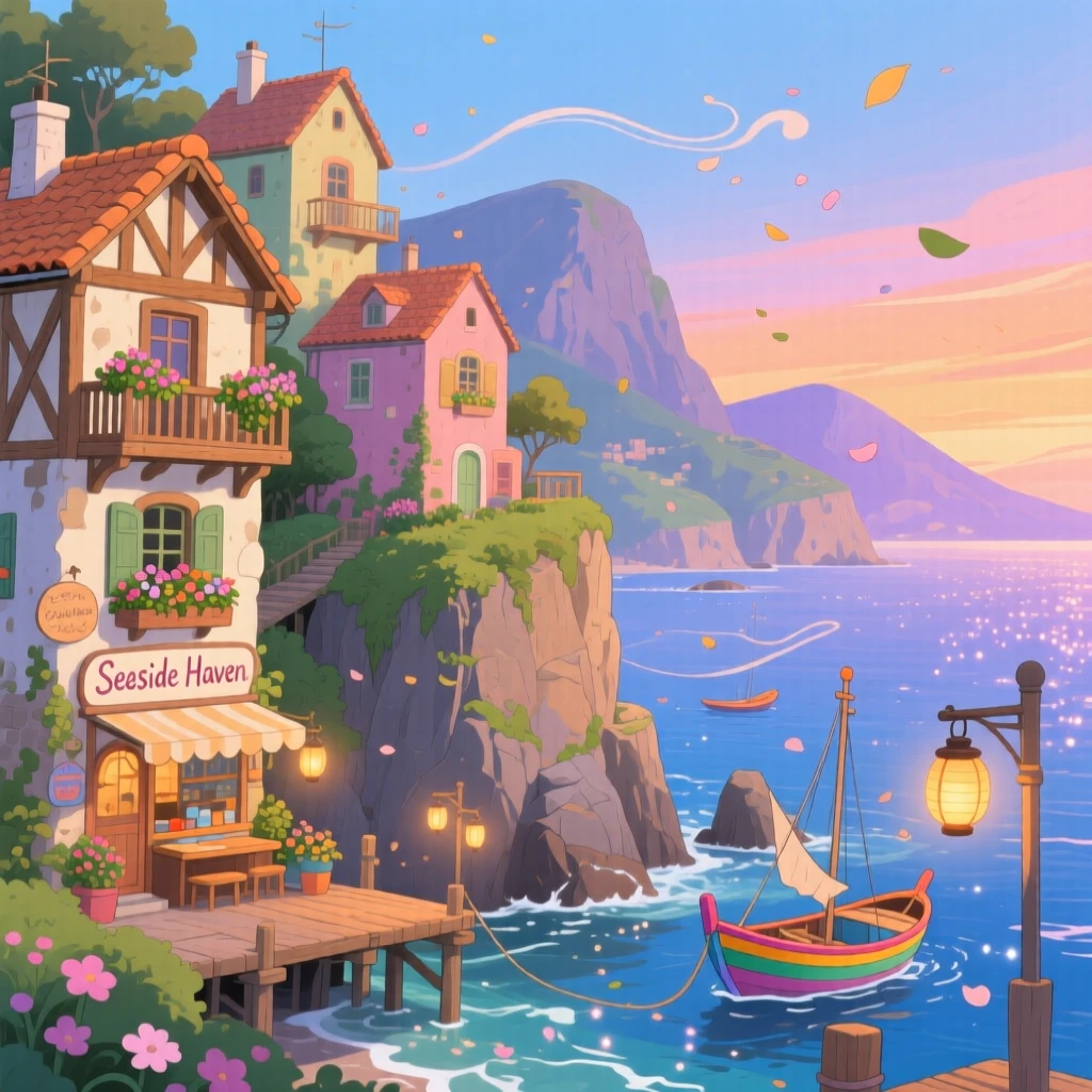 A scenic view of a coastal cliffside town with houses stacked above the water, with distant mountains framing the skyline.
