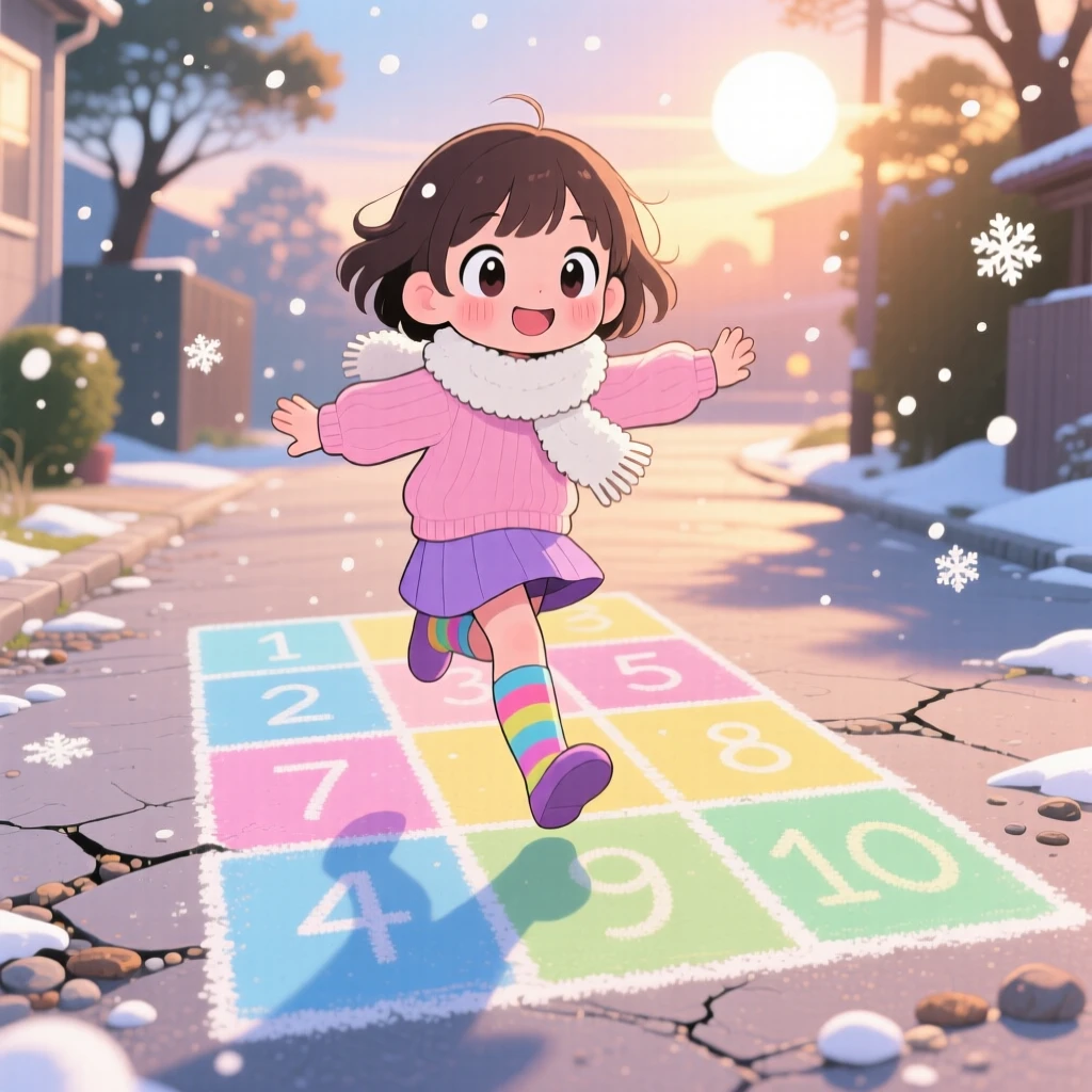 A small girl hopscotching across chalk squares, framed as a dynamic diagonal composition within a sunny driveway, amid softly falling snow, glowing under soft moonlight, evoking peaceful calm.