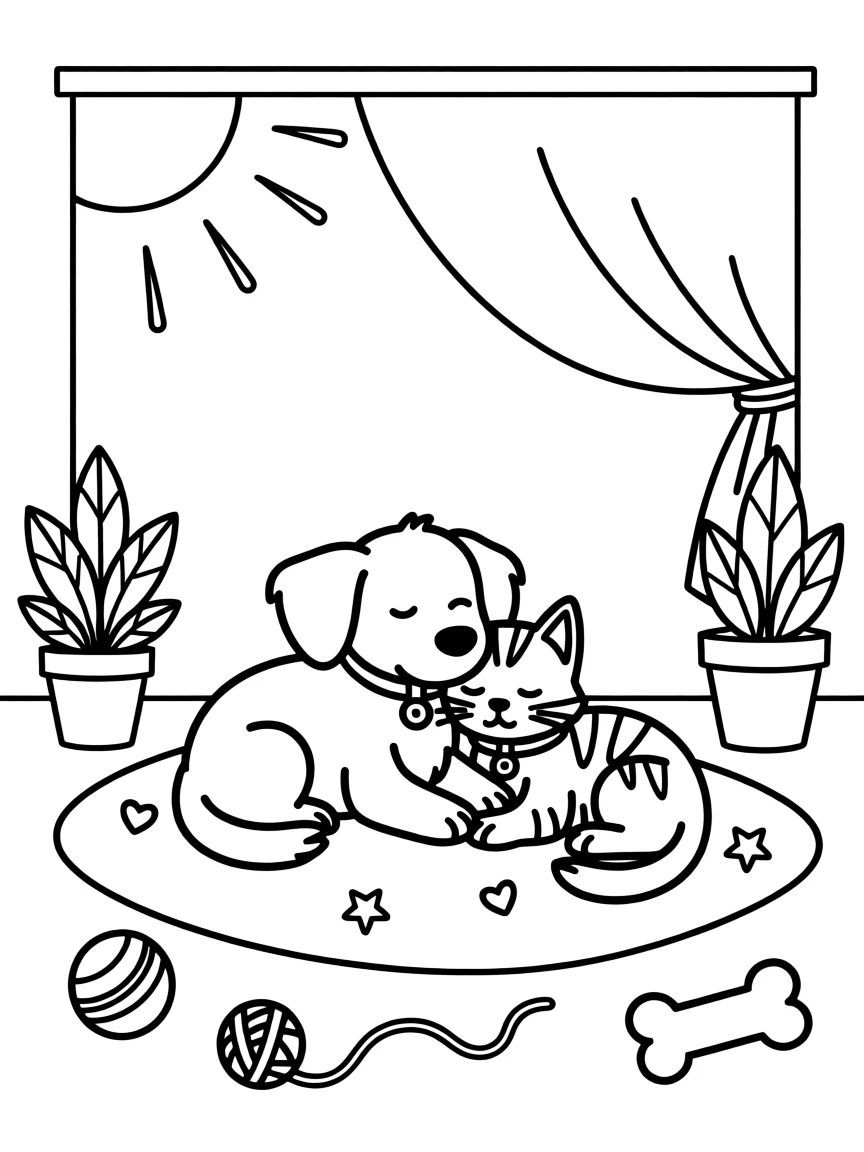 A puppy and kitten sharing a nap in a sunbeam