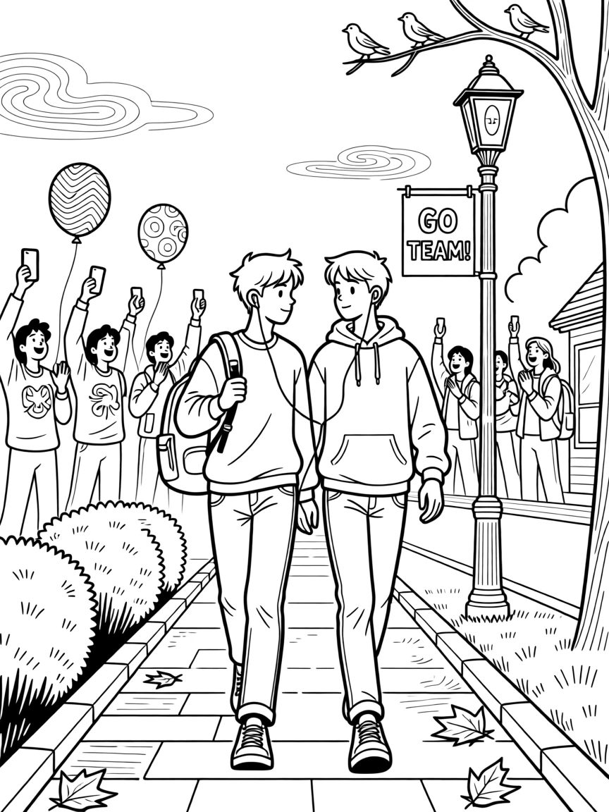 Friends sharing earbuds while walking home from school, with a crowd cheering just out of focus.