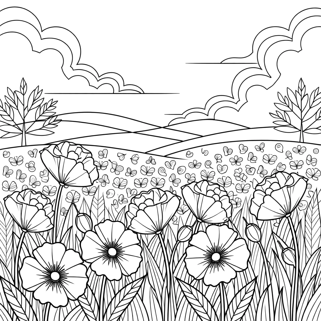 A field of red poppies interspersed with cornflowers under a wide sky.