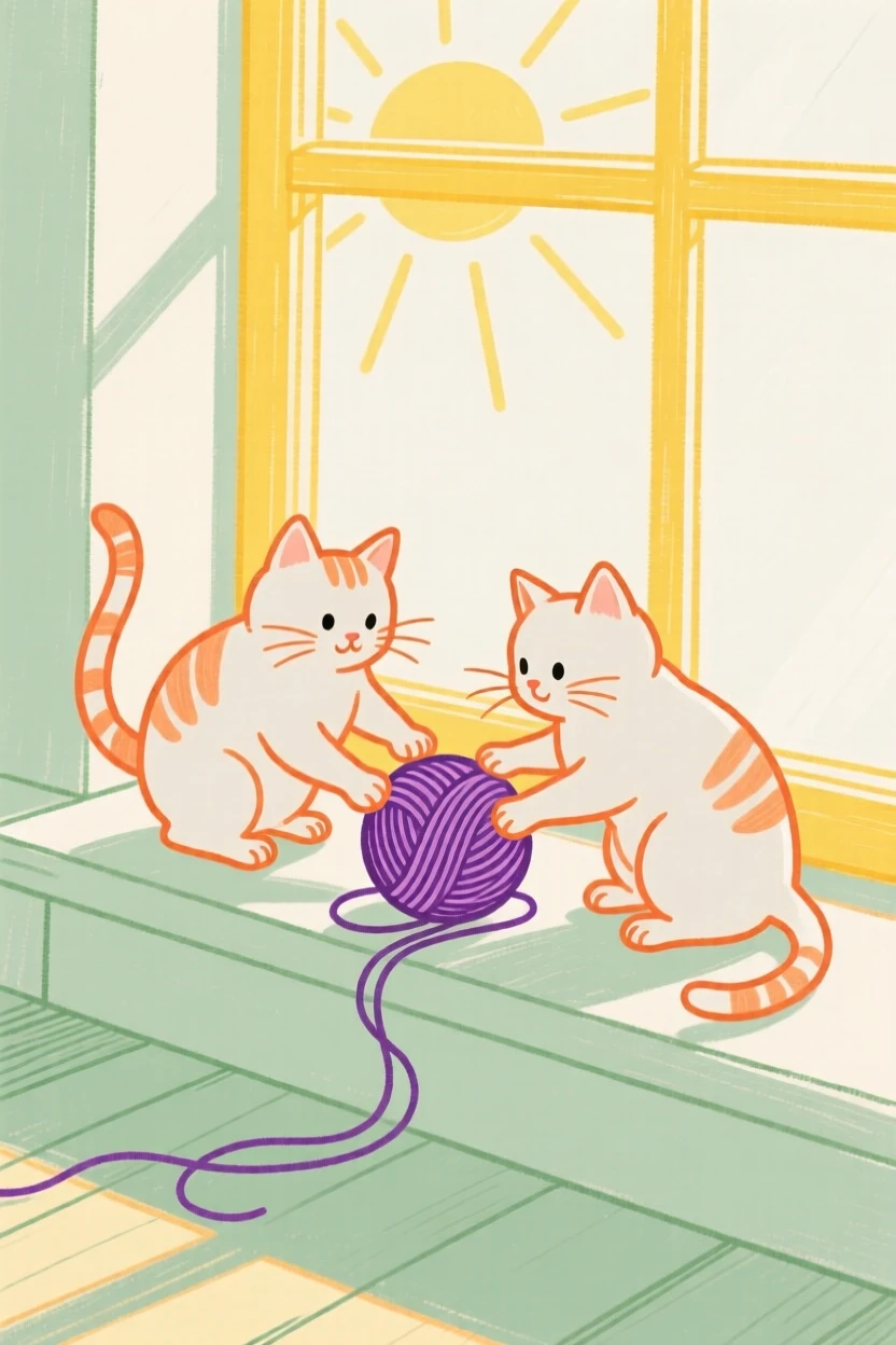 Two kittens playing with a ball of wool by a sunny window.