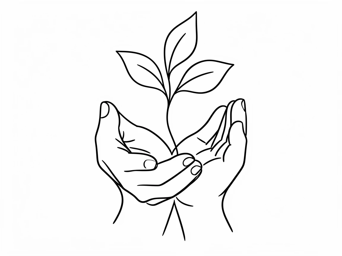 A pair of hands cupped together holding a small sprouting seedling, representing growth