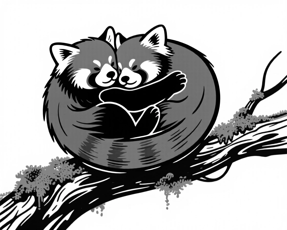 A pair of red pandas curled together on a mossy tree branch.