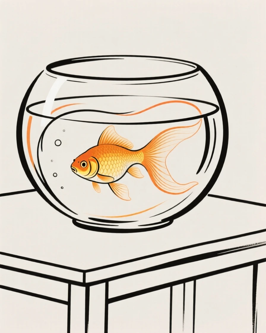 A goldfish swimming inside a round glass bowl on a table.