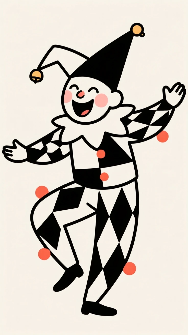 A court jester mid-performance, laughing joyfully.
