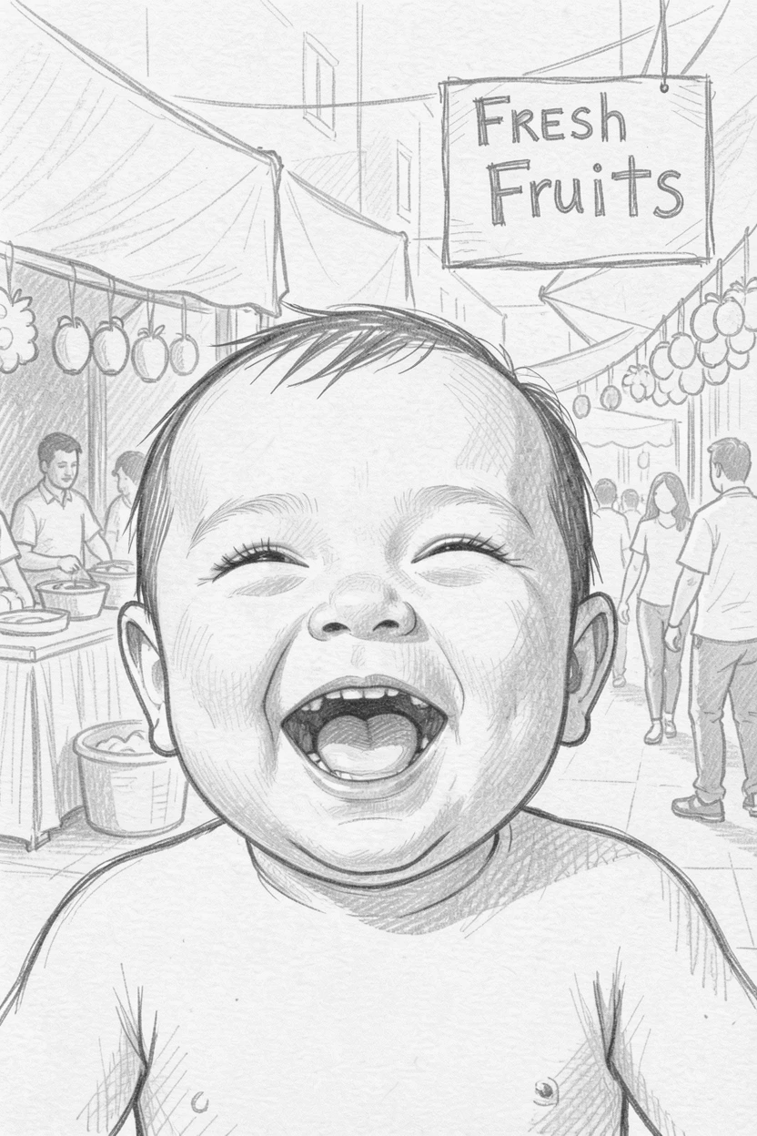 Close-up portrait of a laughing newborn baby in a bustling market square, laughing with pure delight.