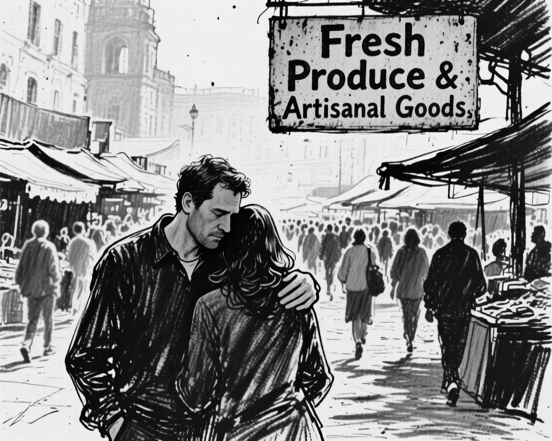 A father resting their head on a partner's shoulder, in a bustling market square.