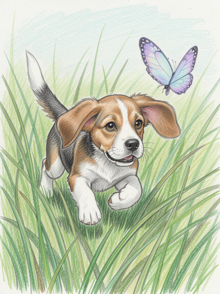 A beagle puppy chasing a butterfly through tall grass, framed by a simple, uncluttered natural setting, designed to melt hearts with its sweetness.