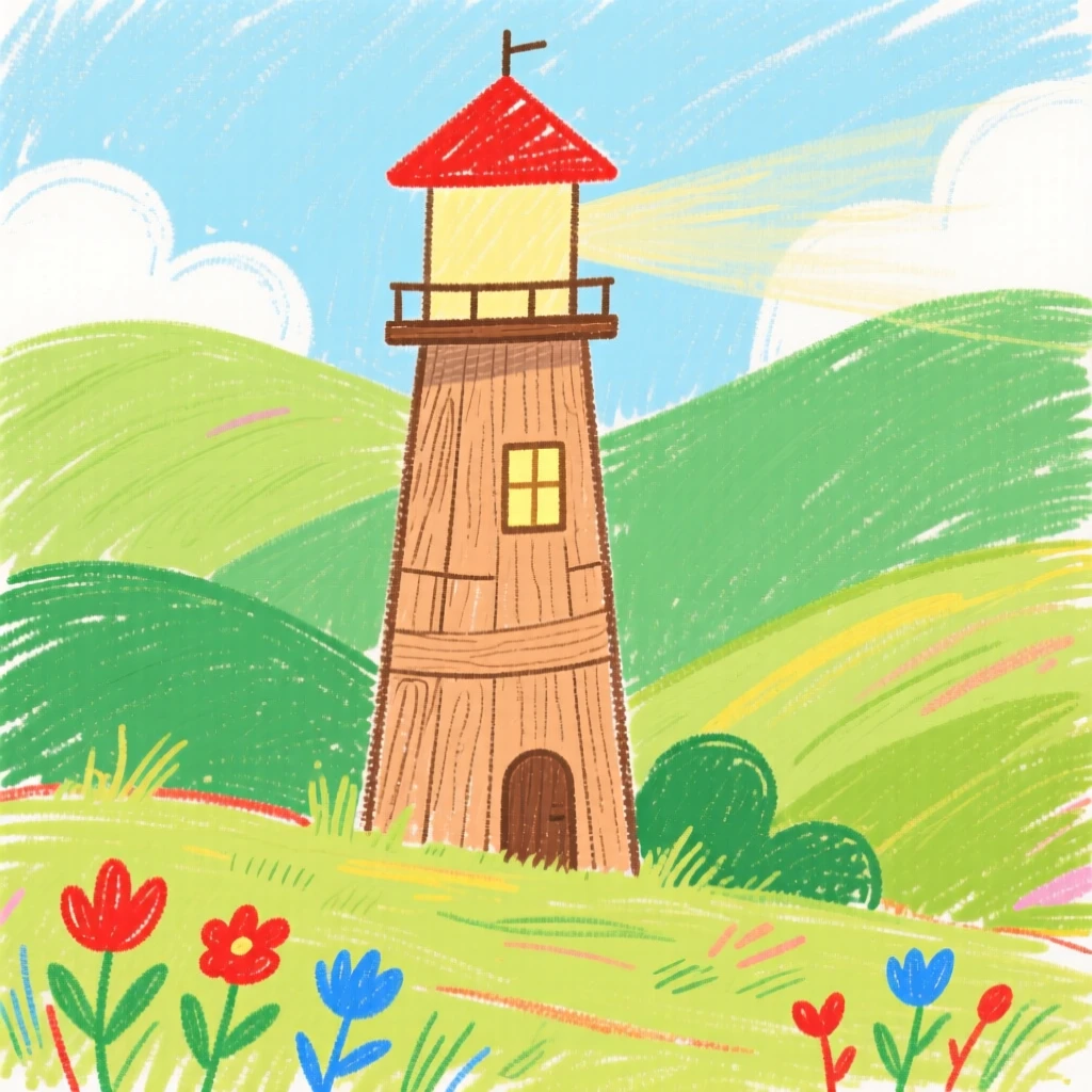 A wooden lighthouse nestled among rolling green hills.