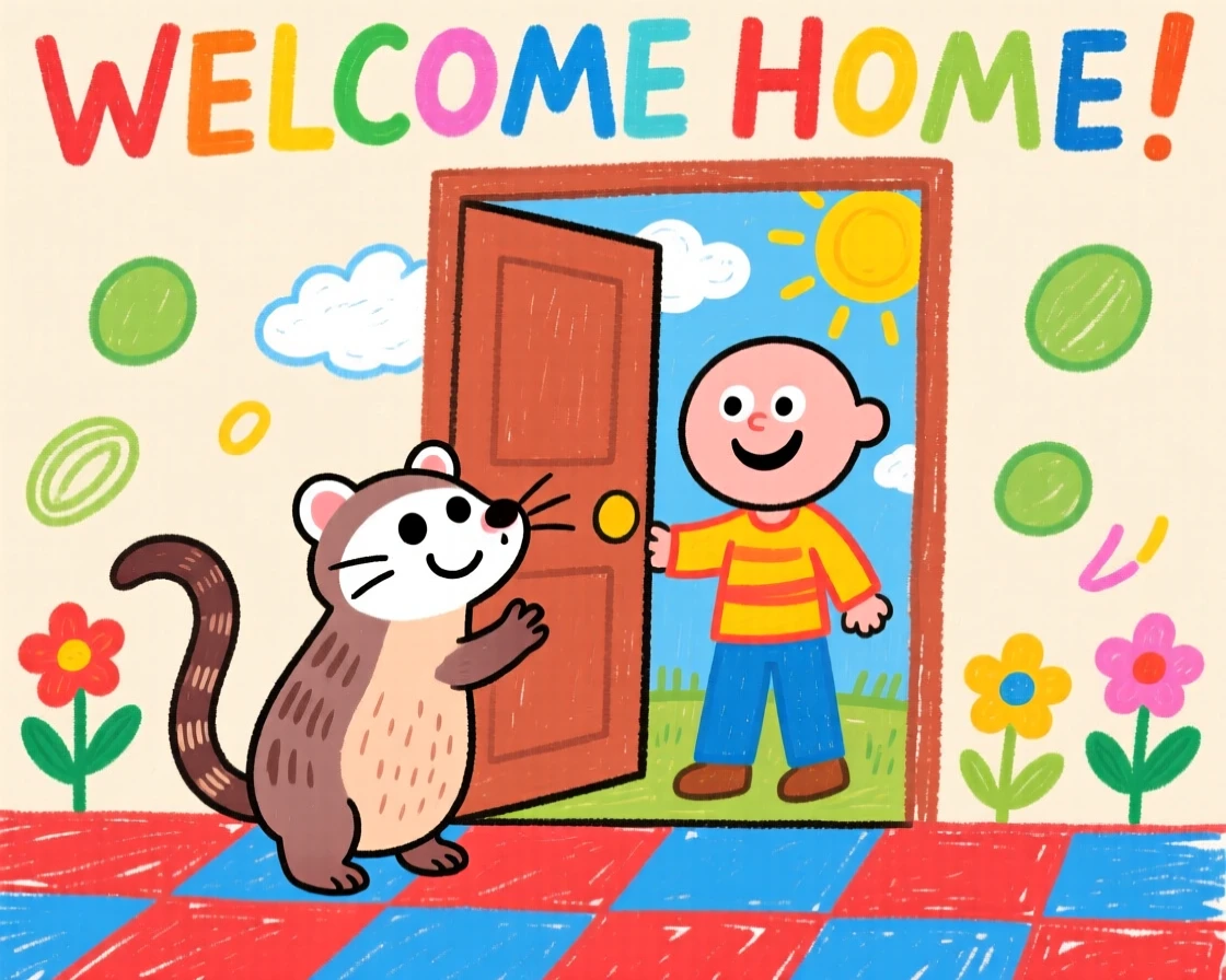 A curious ferret greeting its owner at the front door with a wagging tail.