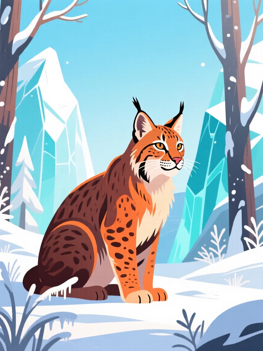A lynx with tufted ears crouched in a snowy forest, surrounded by icy glaciers and pale blue sky, centered in the frame with gentle negative space around it, with vivid, richly saturated colors that pop.