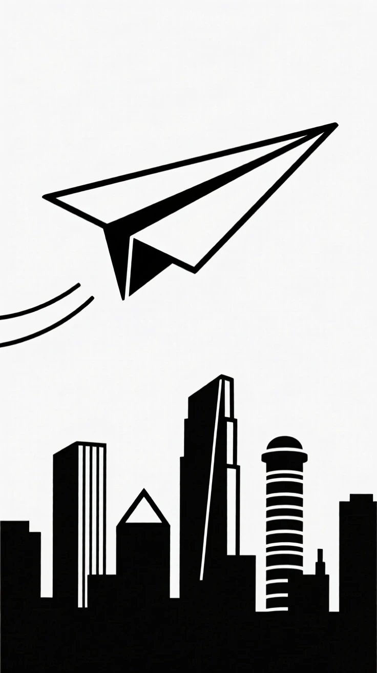 A paper airplane soaring above a city skyline.