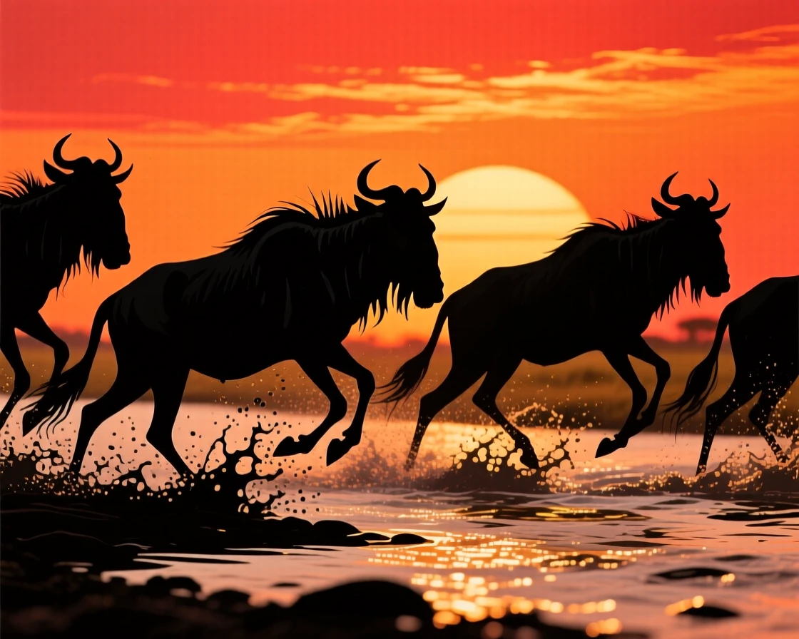 A herd of wildebeest crossing a river during migration, water splashing.