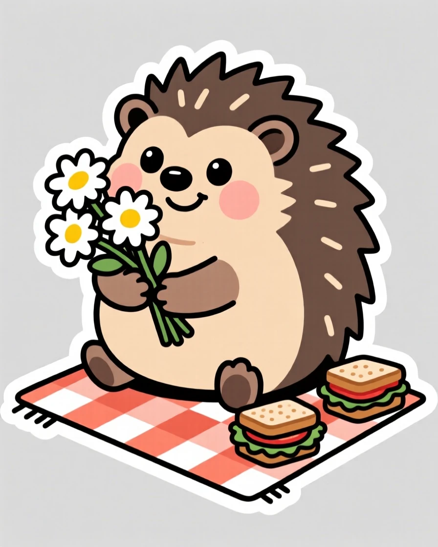 A sparkly-eyed chubby hedgehog holding a bouquet of daisies, on a picnic blanket with tiny sandwiches nearby.