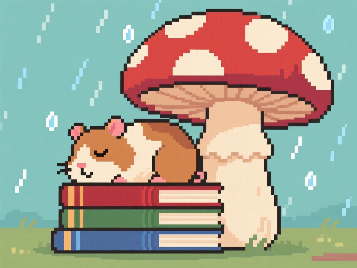 A chunky guinea pig curled up asleep on a stack of books, under a giant mushroom during a soft rain.