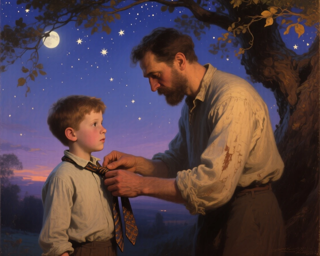 A medium shot of a father teaching his young son to tie his first necktie, under a canopy of stars, at dusk.