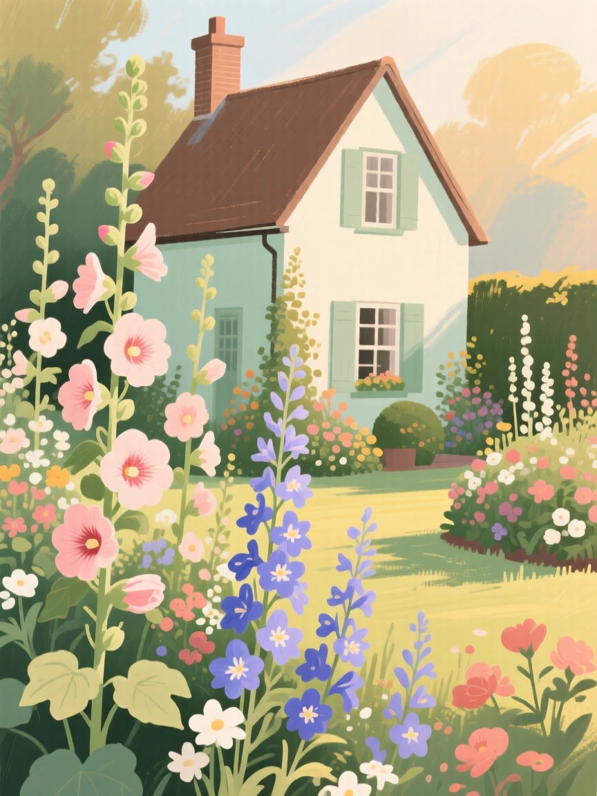 A cottage garden overflowing with hollyhocks and delphiniums