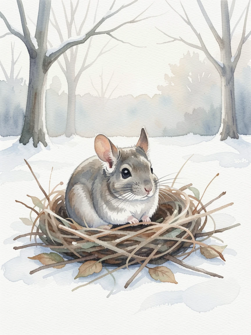 A chinchilla in a cozy nest in a snowy backyard with its ears perked up.