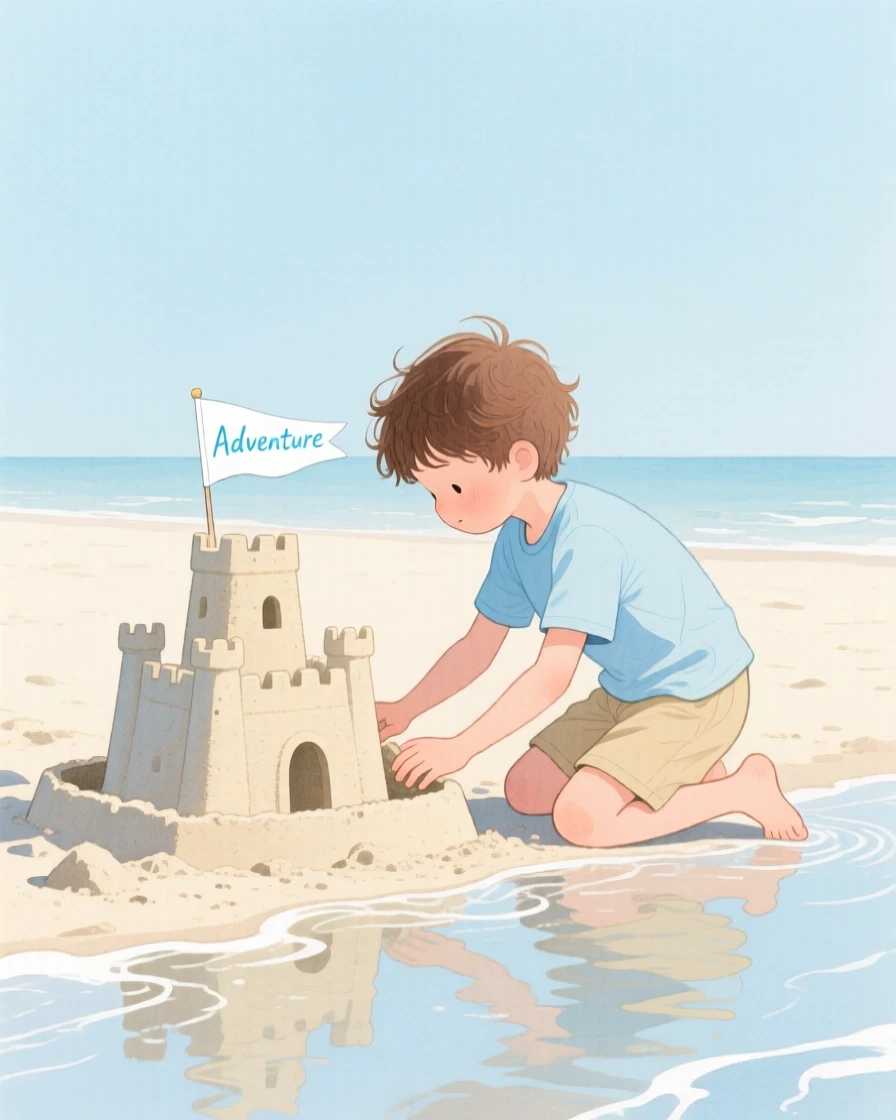 A young boy builds a sandcastle with a paper flag on top while waves gently lap near his bare feet