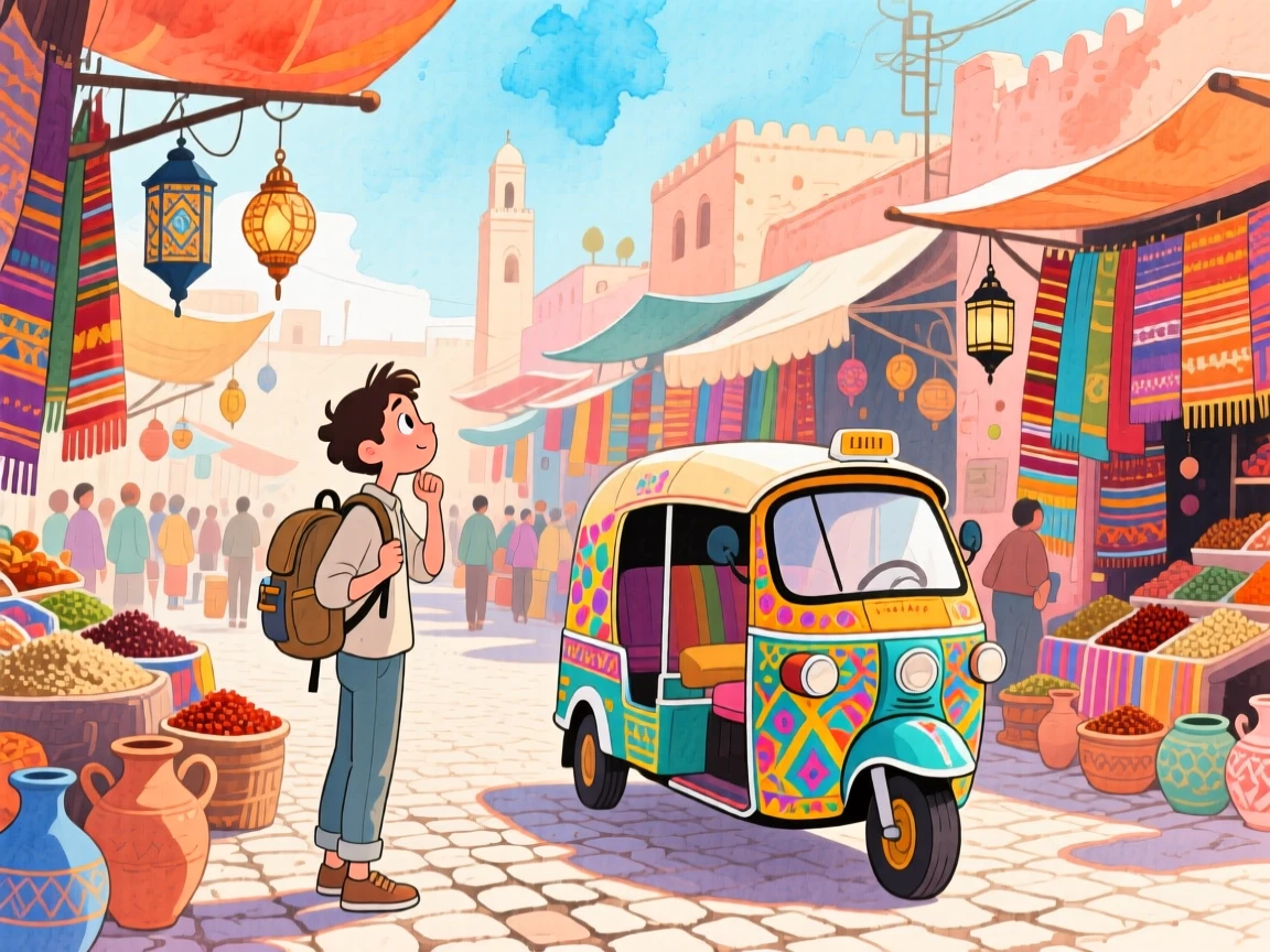 A traveler pauses to soak in the view amid a colorful tuk-tuk weaving through Marrakech's markets, evoking wanderlust and adventure.