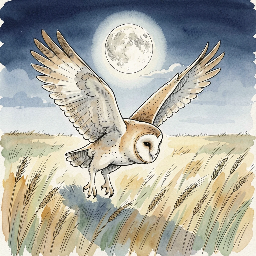 A barn owl swooping silently over a moonlit hayfield in search of prey