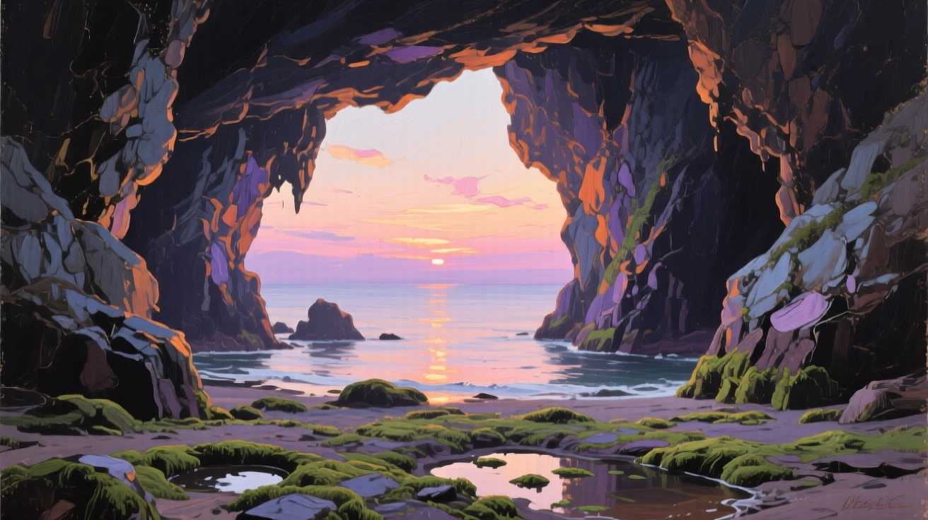 a sea cave opening toward the horizon, at dawn, with a balanced, spacious view of the surroundings.
