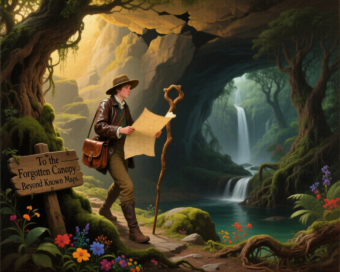 A young cartographer climbs toward a dense, uncharted rainforest deep beneath the earth's surface.