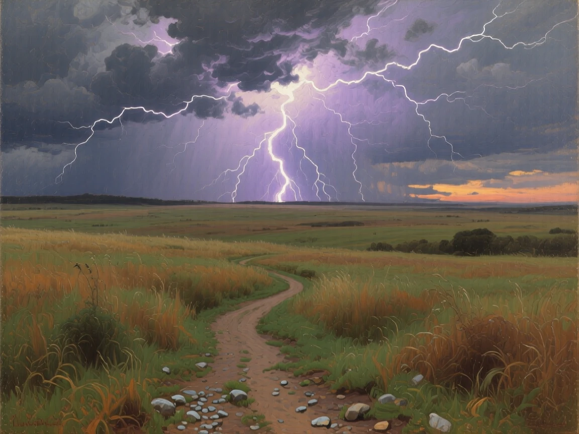 A lightning storm illuminating a wide open prairie at dusk, with a single winding trail leading toward the horizon, offering a moment of stillness amid overwhelming natural beauty