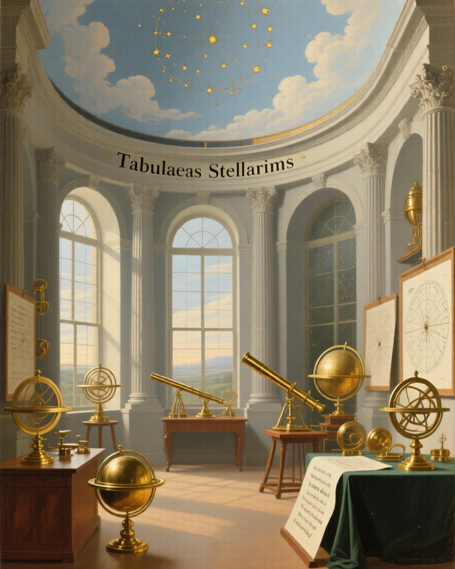 A domed observatory filled with brass instruments and star charts catching the first light of morning through tall windows, set within a private estate untouched by passing time, with towering columns rising toward a painted, cloud-filled ceiling; a central vanishing point draws the viewer deep into the grand space, suggesting both luxury and profound stillness.