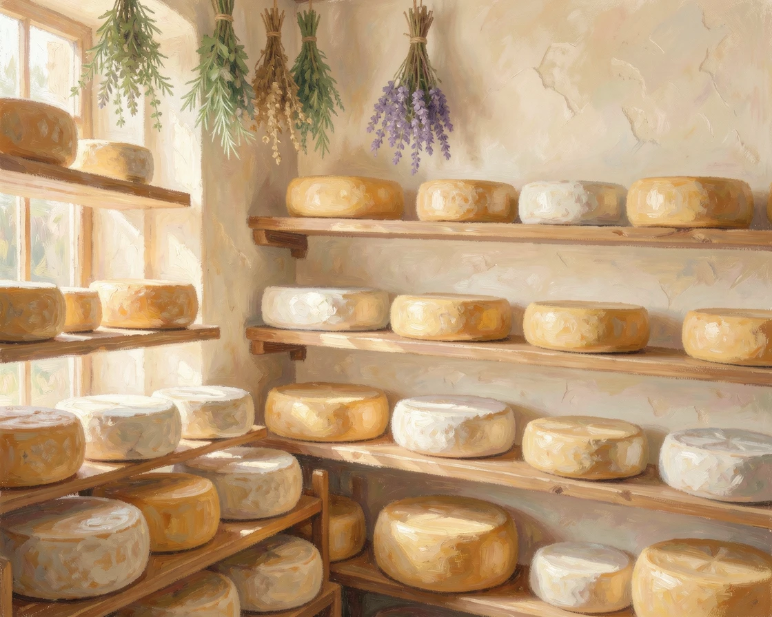 A rustic cheese shop with wheels of aged cheese stacked on wooden shelves beneath dried herb bundles.
