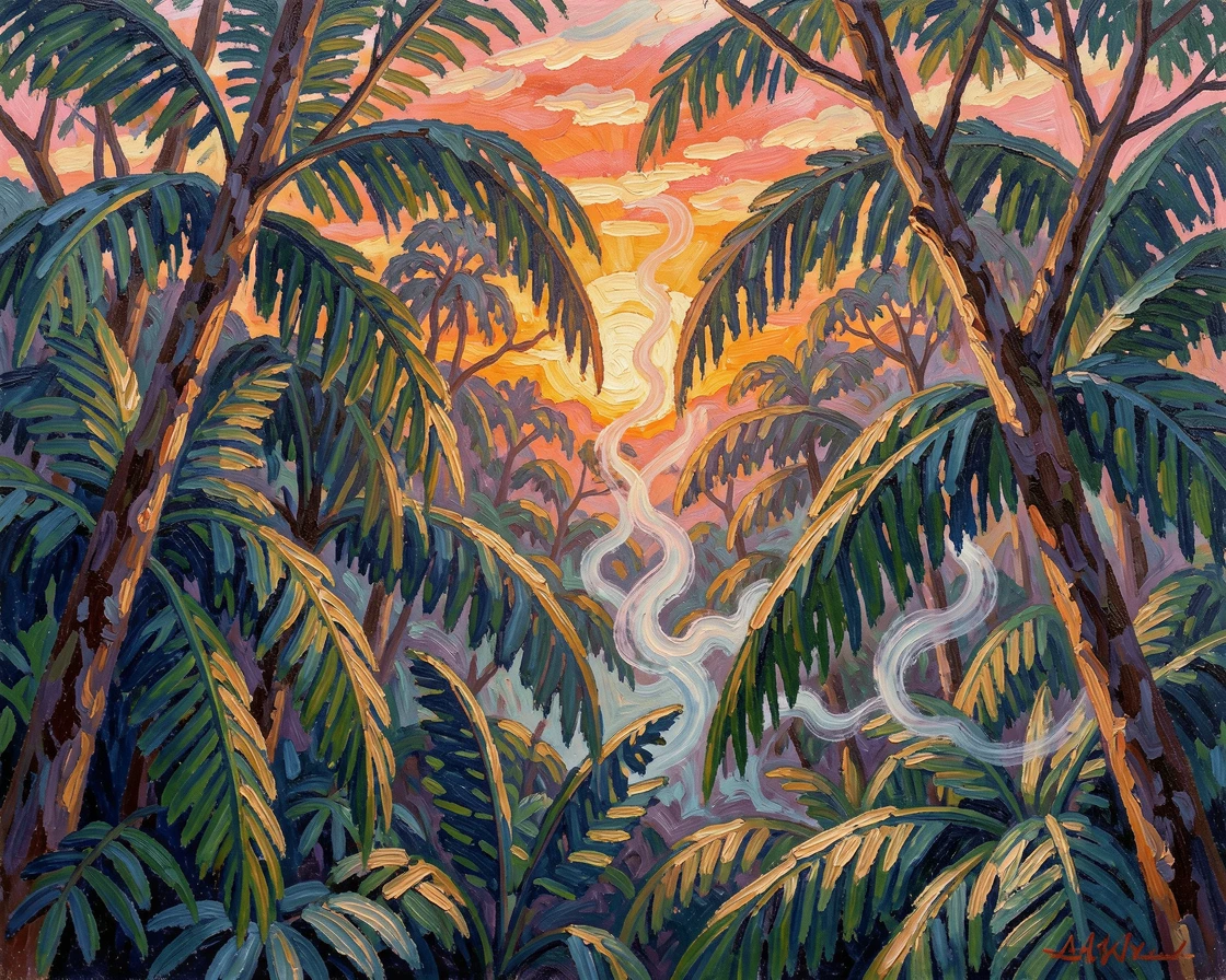A jungle canopy view at sunrise, mist rising between the treetops.