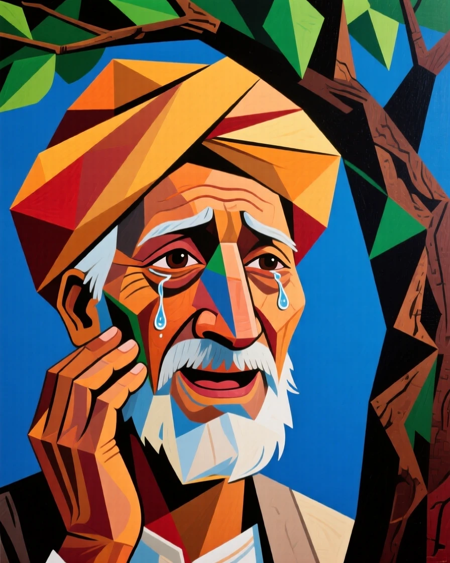 A close-up portrait of an elderly man of Indian heritage, holding back tears of joy, under the shade of an old tree.