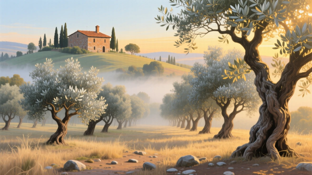 An ancient olive grove in Tuscany shows gnarled silver-leafed trees rows deep, golden late-afternoon light slanting between the trunks, a stone farmhouse visible on the distant hillside, the air carrying a faint mist that softens distant shapes without obscuring the overall view.
