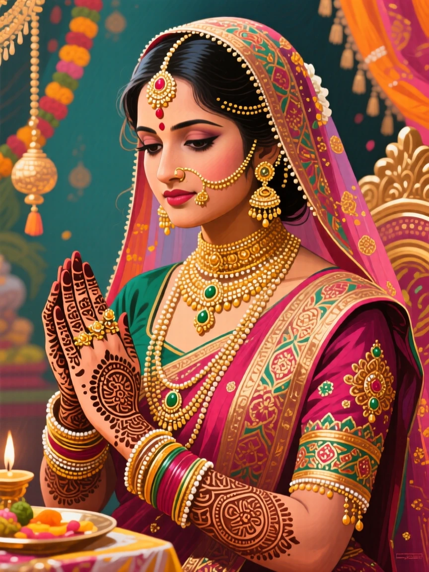 An Indian bride adorned in intricate henna and gold jewelry during a traditional wedding ceremony