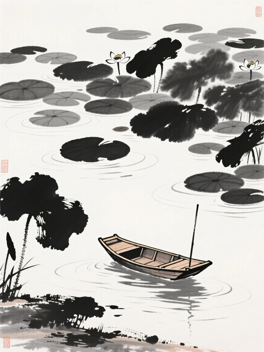 a quiet pond covered with floating lily pads, with a single small boat drifting near the shore.
