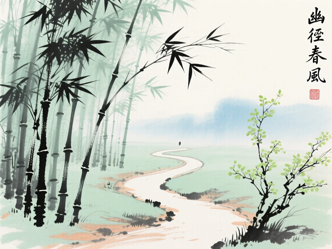 A quiet path through a bamboo grove with no one in sight, in early spring.