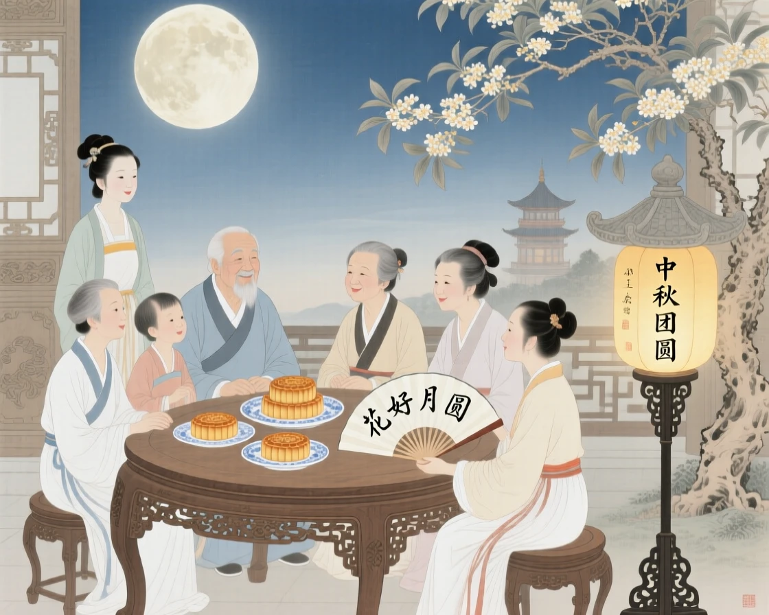 A mid-autumn festival gathering with families sharing mooncakes under a full moon