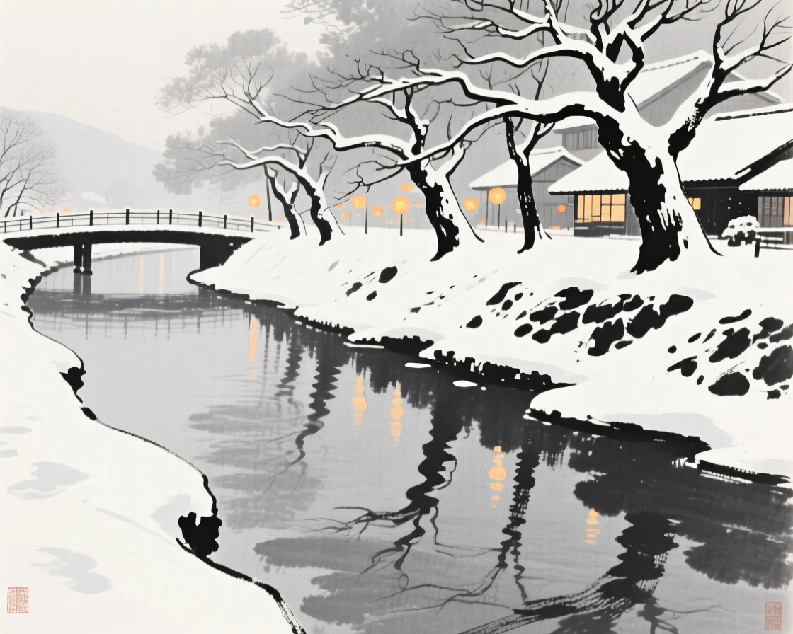 A quiet winter morning after fresh snowfall beside a still, reflective canal, balanced between soft shadow and warm points of light, evoking festive warmth and communal joy.