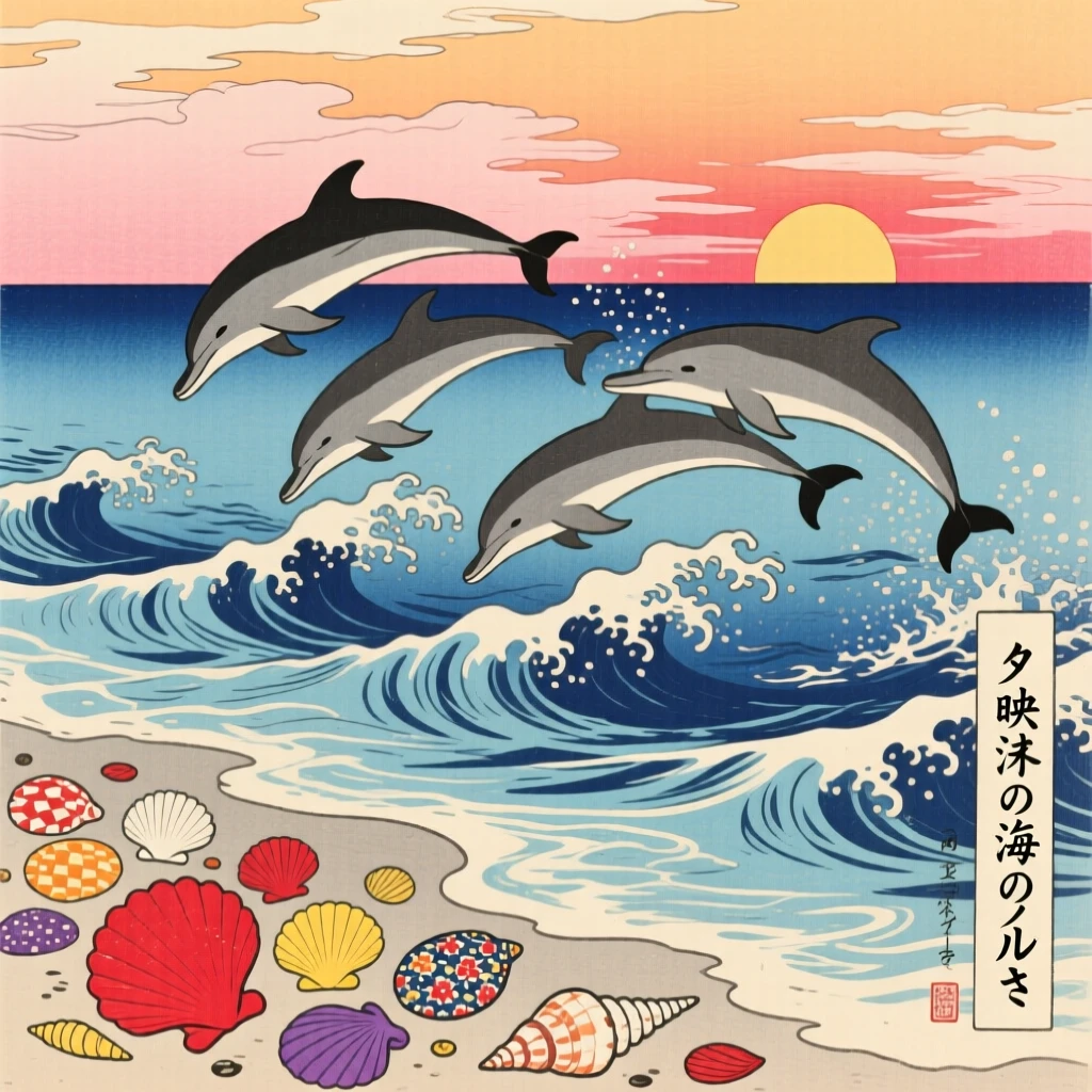 A school of leaping dolphins near a scatter of colorful shells, at sunset.