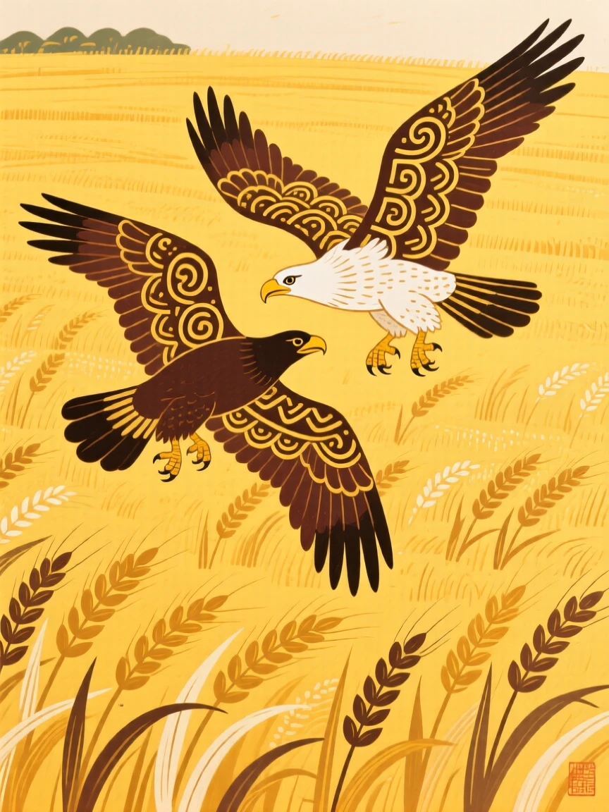 A pair of eagles gliding together in a golden wheat field at harvest time.