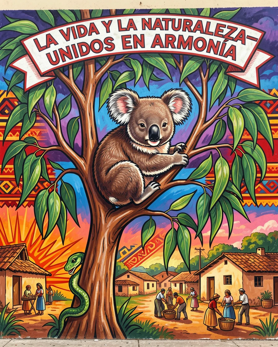 A koala resting in the branches of a eucalyptus tree