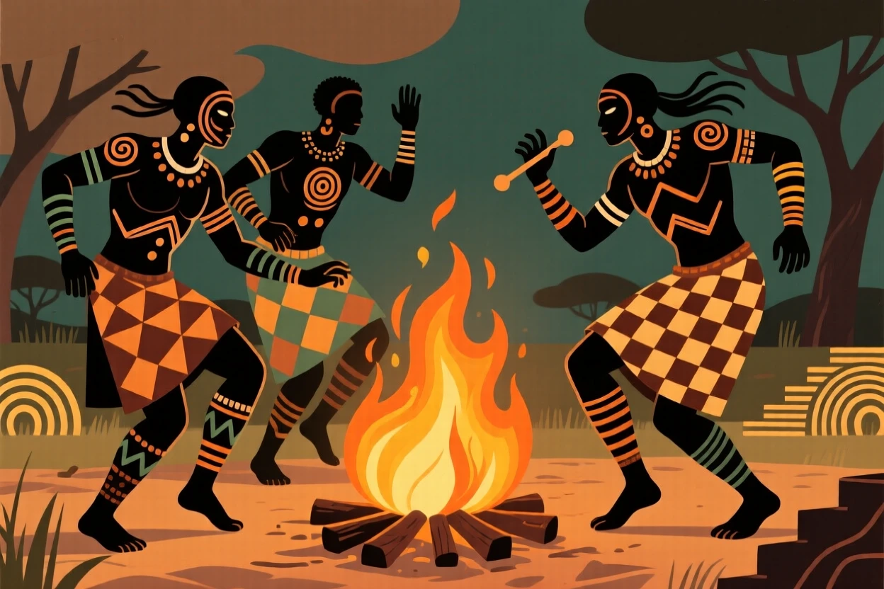 Dancers stamping their feet in rhythm around a bonfire.
