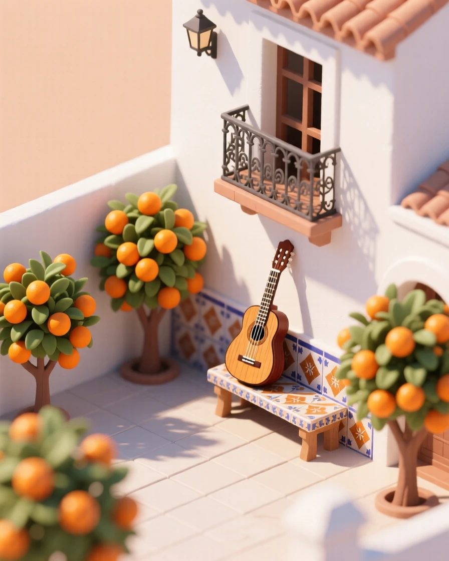 A hillside Andalusian home with a whitewashed courtyard, orange trees heavy with fruit, a wrought-iron balcony, and flamenco guitar leaning against a tiled bench.